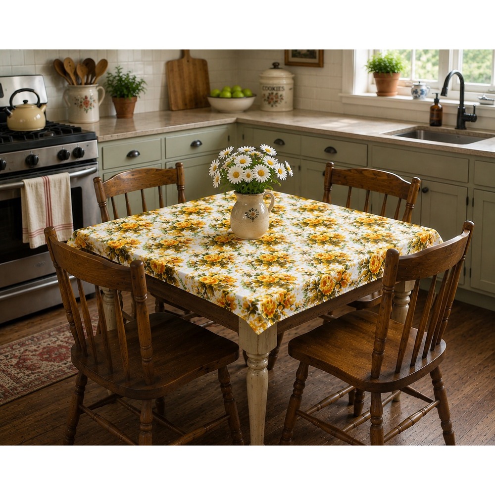 Handmade Tablecloth Unisex 46x48 Yellow Vintage Floral Rose Print Cottagecore